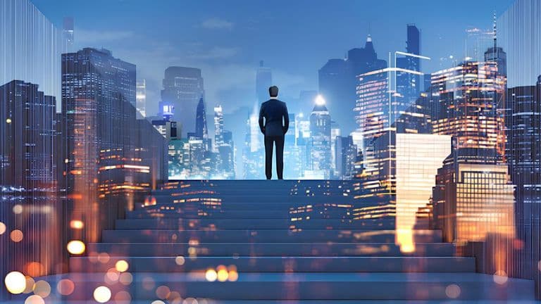 Business professional overlooking a modern city skyline, representing business growth and opportunity.