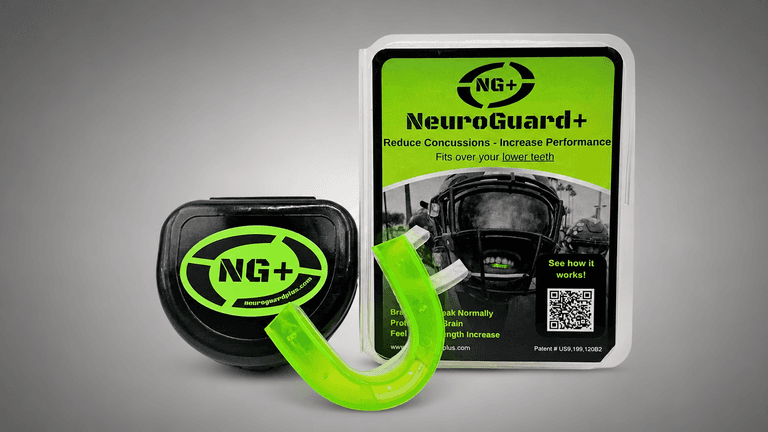 NeuroGuard+ mouthguard with packaging, designed to reduce concussions and enhance performance