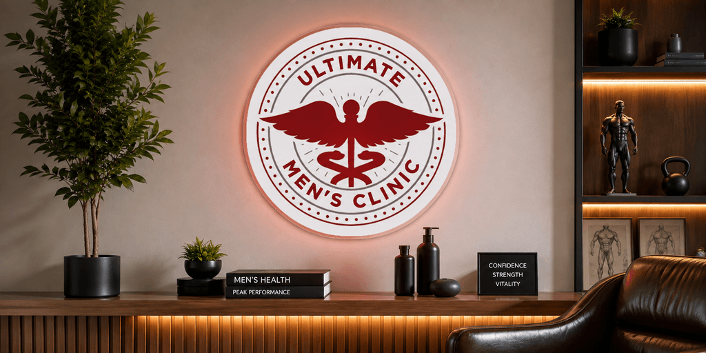 Ultimate Men's Clinic waiting area with leather seating, television, and refreshments.