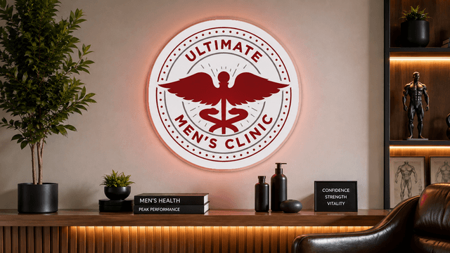 Ultimate Men's Clinic waiting area with leather seating, television, and refreshments.