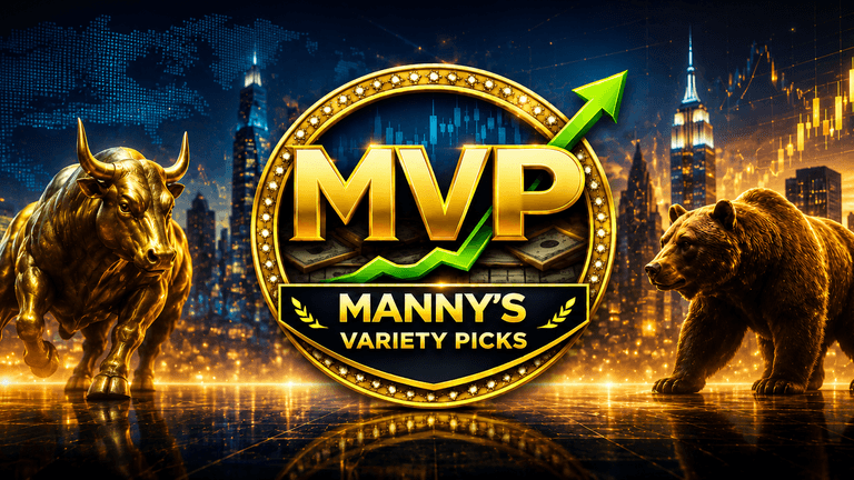 Logo featuring a bull and bear with "MVP Manny's Variety Picks" in gold.