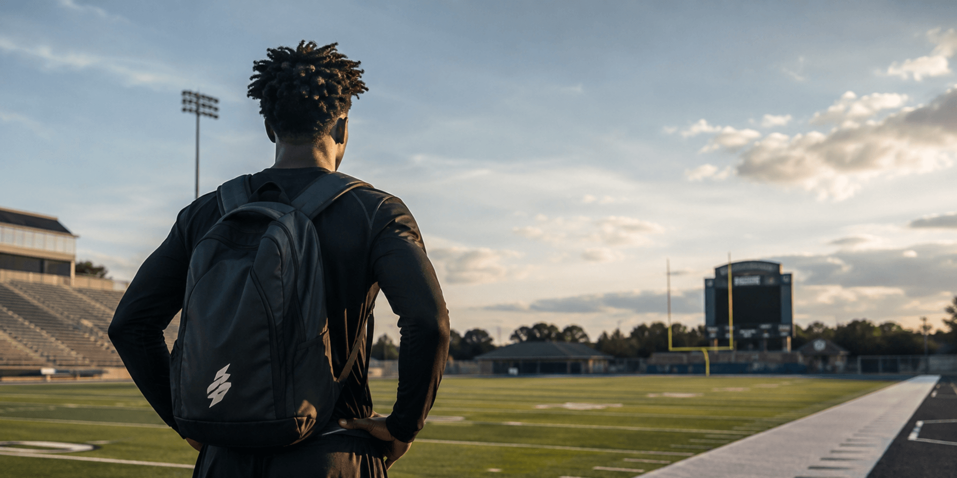 A football player stands on an empty field, gazing at the sunset sky.