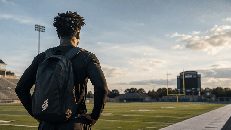 A football player stands on an empty field, gazing at the sunset sky.