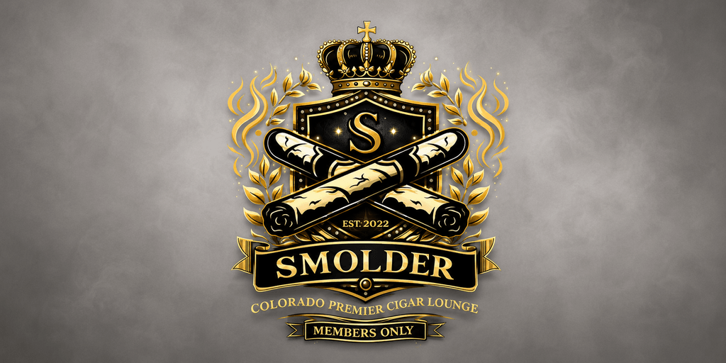 Logo for Smolder, a Colorado cigar lounge, featuring crossed cigars and a crown