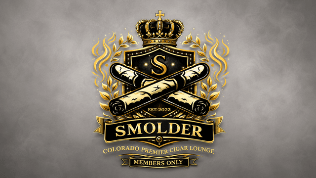 Logo for Smolder, a Colorado cigar lounge, featuring crossed cigars and a crown