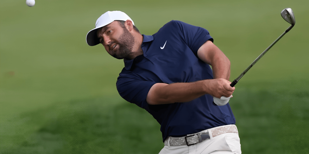 Golfer in a blue shirt swings to hit a golf ball on the course
