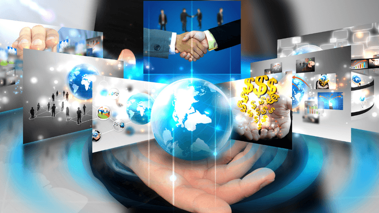 Illustration of global business concepts with hands, digital screens, and a handshake.