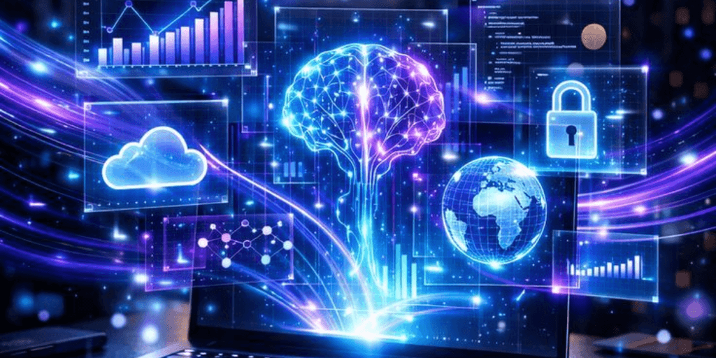 Digital representation of a brain with data charts, cloud computing, and security symbols