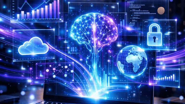 Digital representation of a brain with data charts, cloud computing, and security symbols