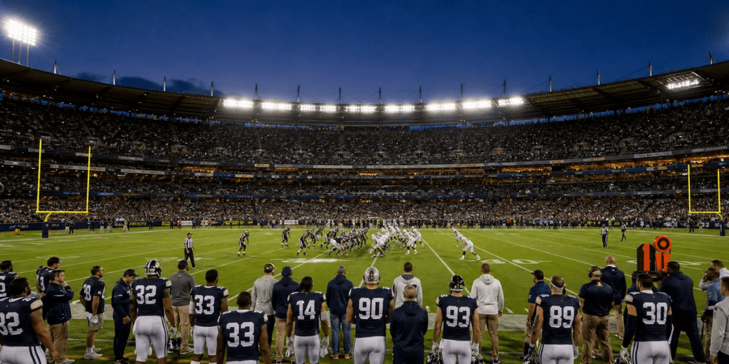 Evening football game in a packed stadium with players on the field