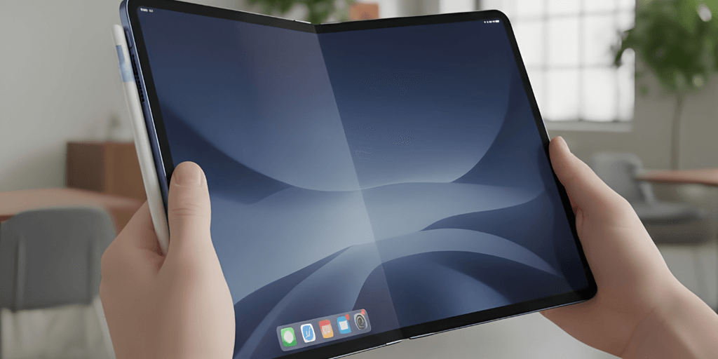 Person holding a large, folded tablet displaying a sleek, dark interface.