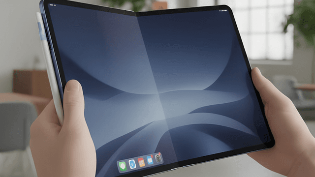 Person holding a large, folded tablet displaying a sleek, dark interface.