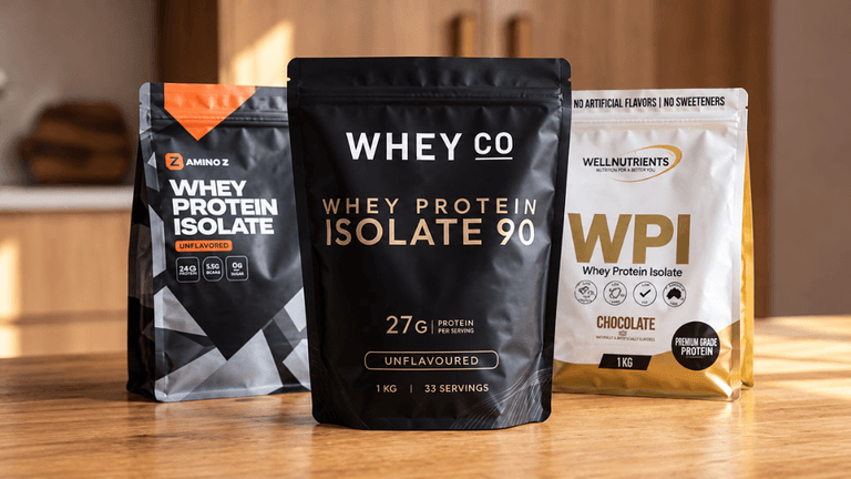Three whey protein isolate bags on a wooden surface in a kitchen setting