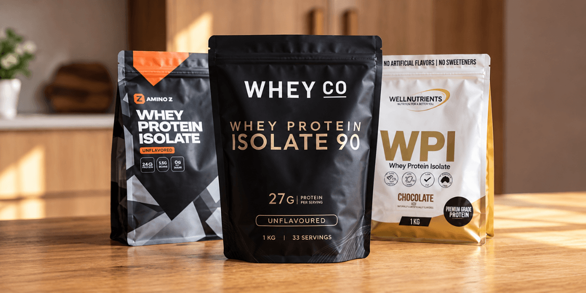 Three whey protein isolate bags on a wooden surface in a kitchen setting