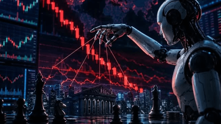 A robotic figure manipulates chess pieces against a backdrop of stock market data