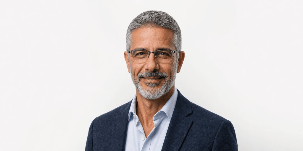 Smiling man with gray hair and glasses wearing a blue blazer over a white shirt