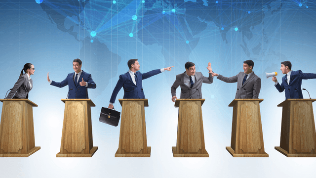 Six professionals debating at podiums, gesturing and expressing opinions against a global backdrop