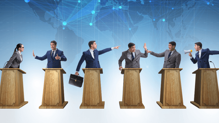 Six professionals debating at podiums, gesturing and expressing opinions against a global backdrop