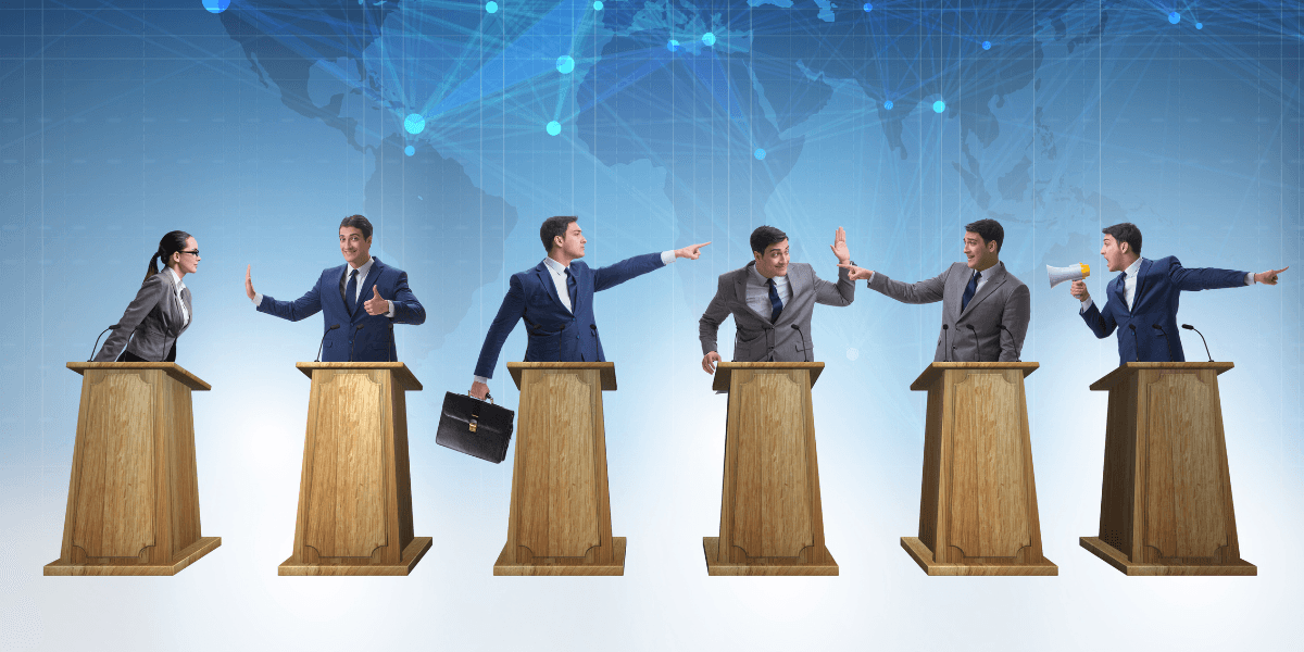 Six professionals debating at podiums, gesturing and expressing opinions against a global backdrop