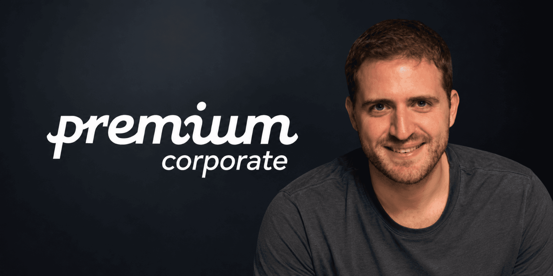 Young man smiling in a gray shirt next to a logo for Premium Corporate