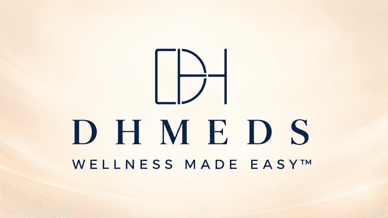 Logo of DHMEDS with the tagline "WELLNESS MADE EASY" on a soft background