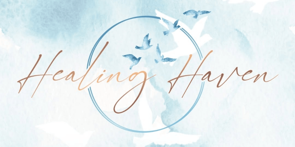 Text logo "Healing Haven" with watercolor background and flying birds design
