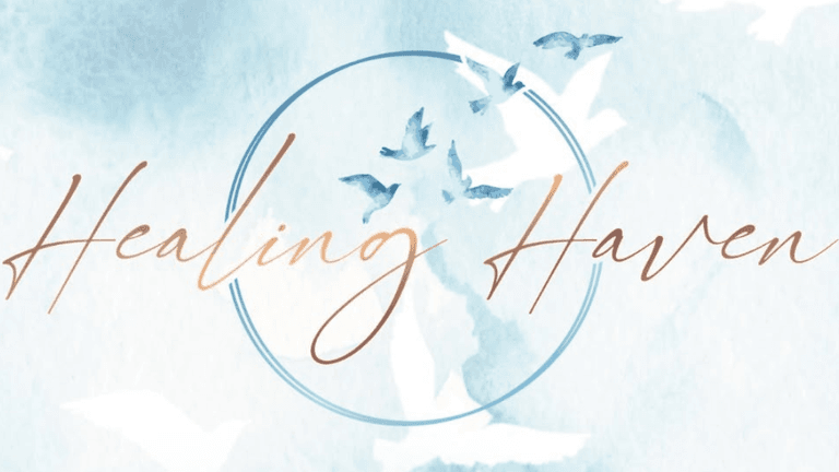 Text logo "Healing Haven" with watercolor background and flying birds design