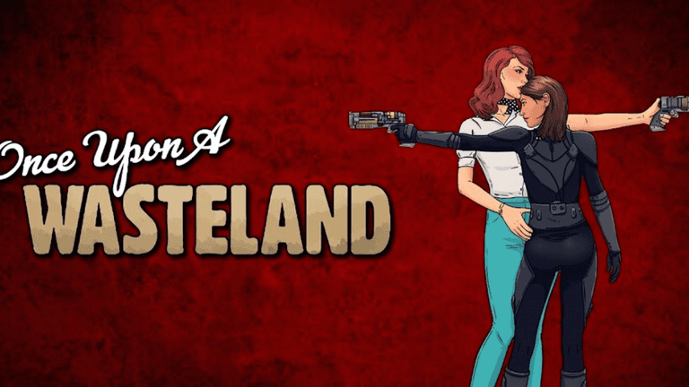 Two female characters holding guns against a red, textured background with the title displayed