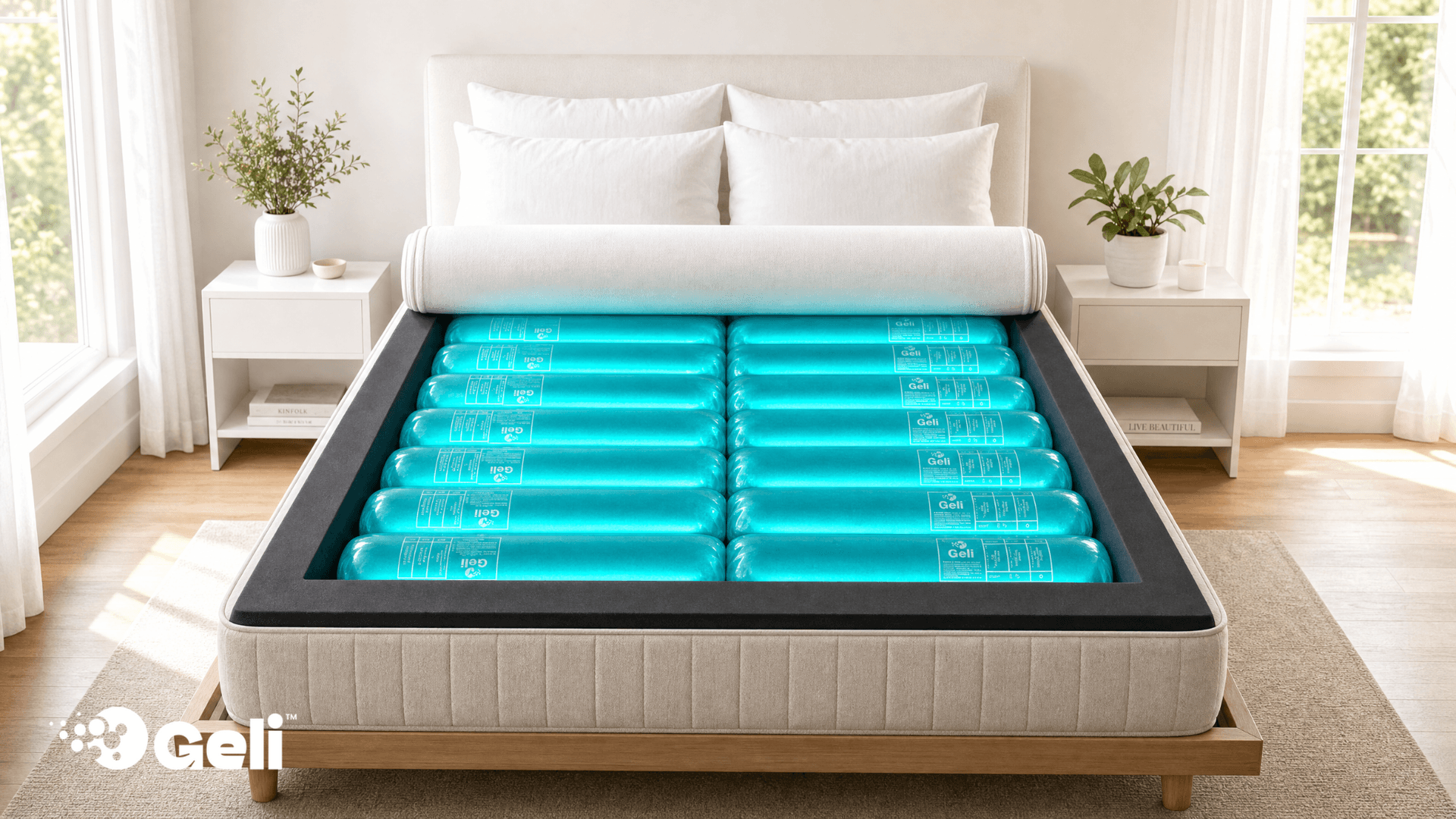 A modern bed with a mattress revealing turquoise air chambers inside
