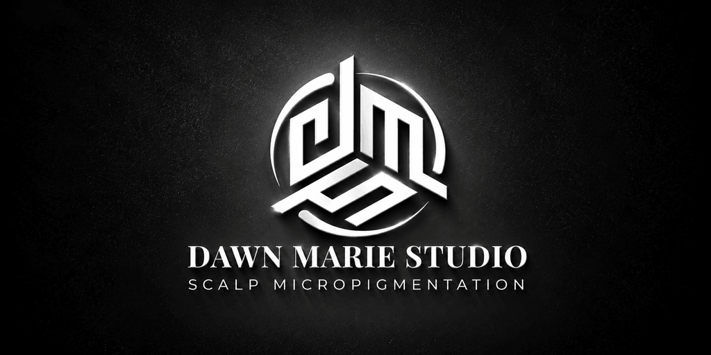 Logo for Dawn Marie Studio featuring stylized letters and tagline about scalp micropigmentation