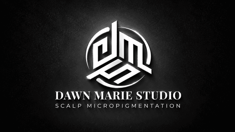 Logo for Dawn Marie Studio featuring stylized letters and tagline about scalp micropigmentation