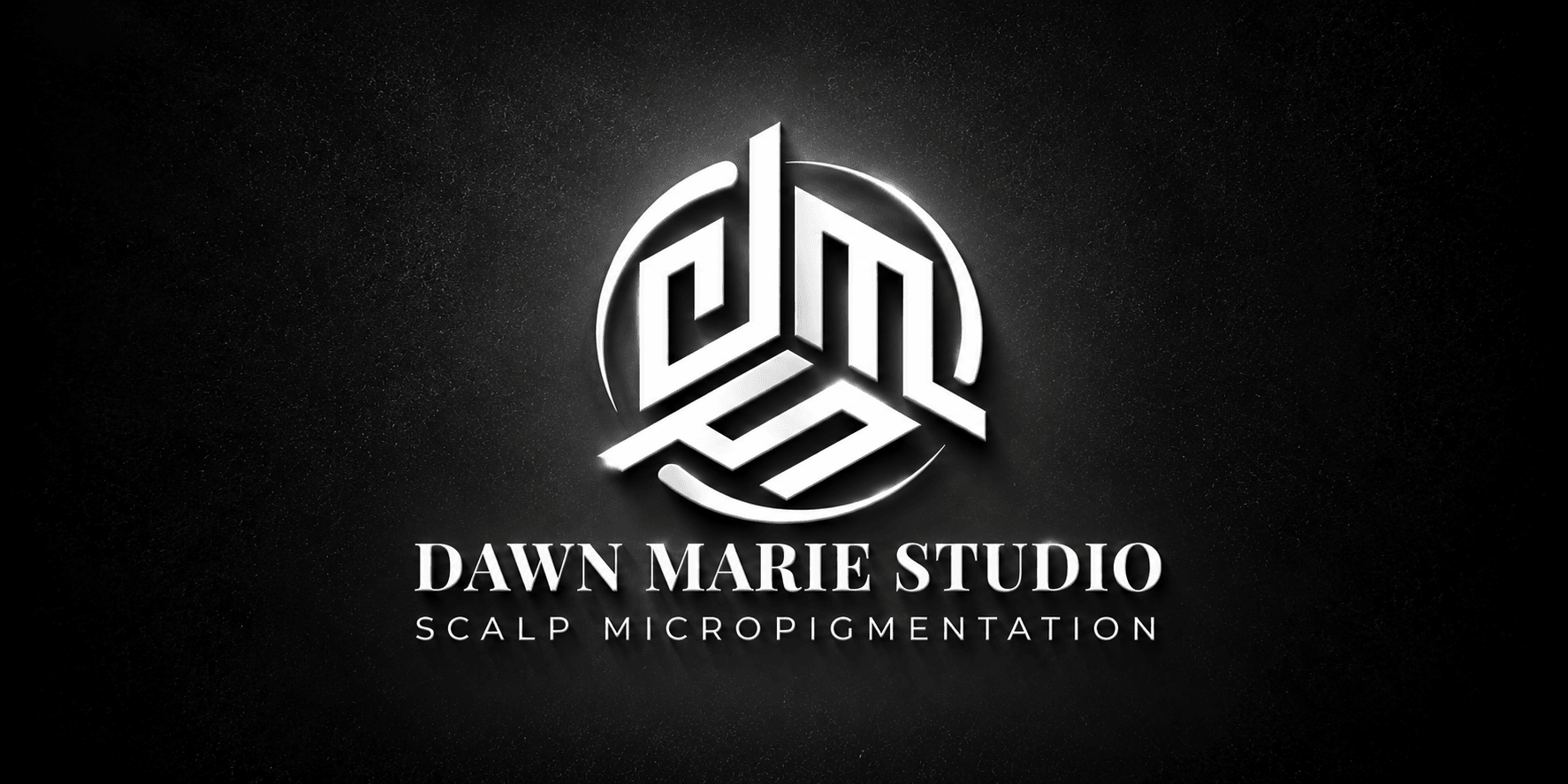 Logo for Dawn Marie Studio featuring stylized letters and tagline about scalp micropigmentation