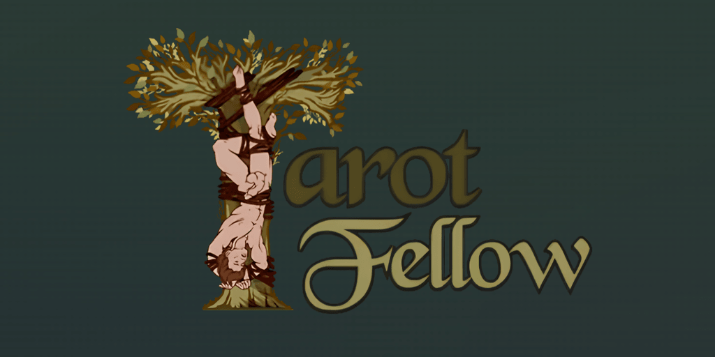 Illustration of a man hanging upside down from a tree with the text Tarot Fellow