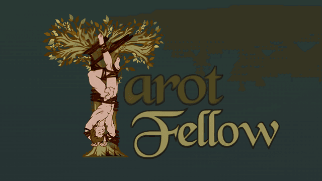 Illustration of a man hanging upside down from a tree with the text Tarot Fellow