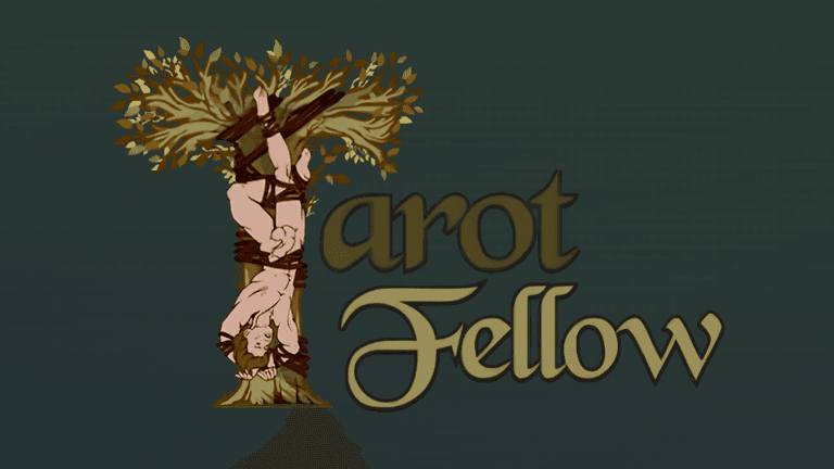 Illustration of a man hanging upside down from a tree with the text Tarot Fellow