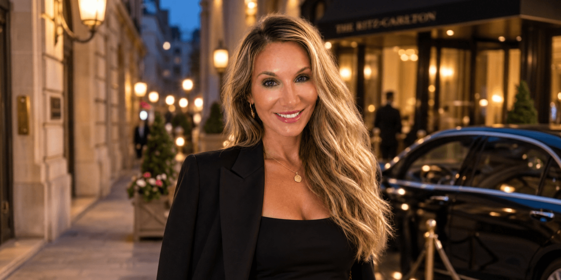 A woman with long hair smiles outside a luxury hotel in the evening.