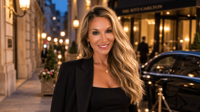 A woman with long hair smiles outside a luxury hotel in the evening.