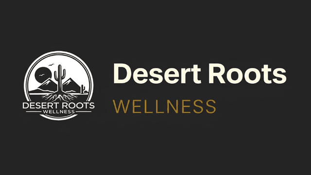 Logo for Desert Roots Wellness featuring desert imagery and mountain outlines