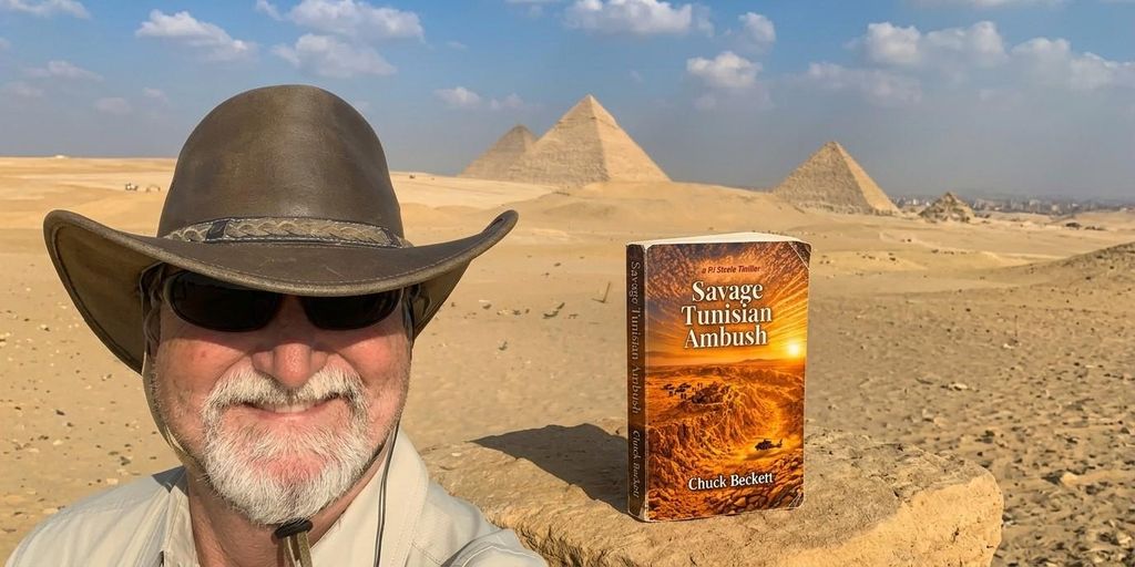 Man with a hat poses near pyramids, showcasing a book titled "Savage Tunisian Ambush"