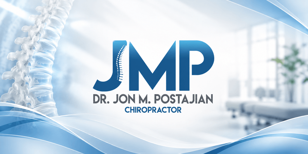 Logo for Dr. Jon M. Postajian, Chiropractor, featuring a spine illustration and blue waves