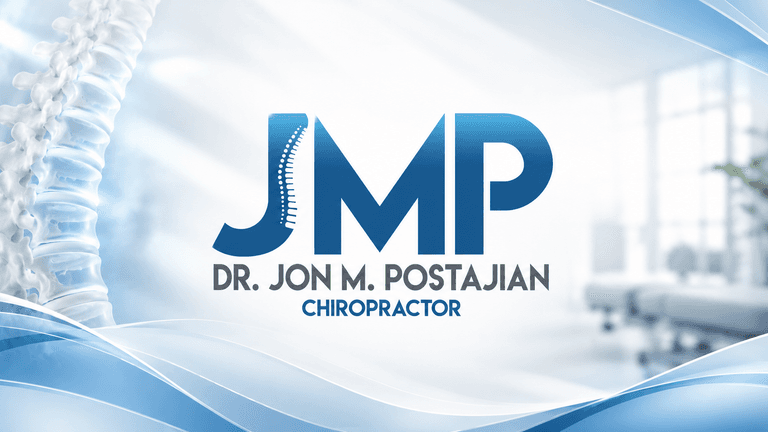 Logo for Dr. Jon M. Postajian, Chiropractor, featuring a spine illustration and blue waves