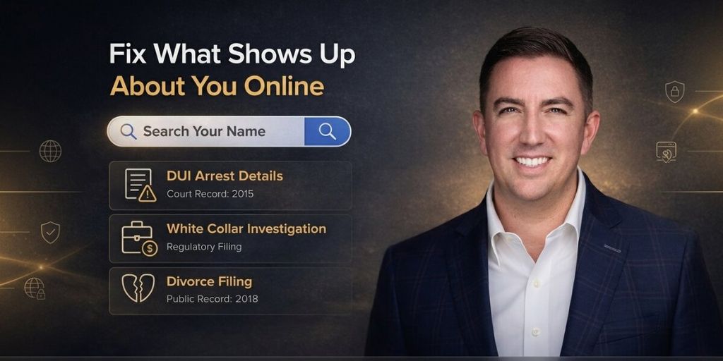 Promotional graphic showing Reputation Repair founder beside search results illustrating online reputation management.