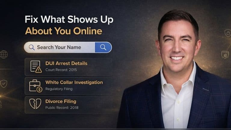 Promotional graphic showing Reputation Repair founder beside search results illustrating online reputation management.