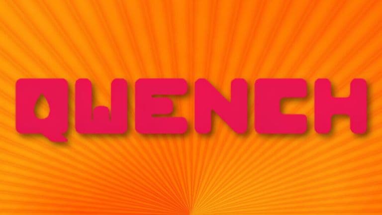 QWENCH logo in bold pink lettering on a bright orange burst background.