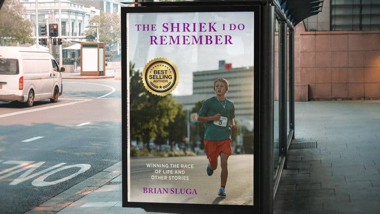 A bus stop advertisement for Brian Sluga's memoir, The Shriek I Do Remember, highlighting resilience and overcoming testicular cancer.
