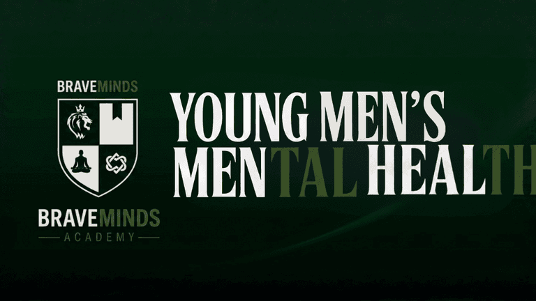 Braveminds Academy logo and “Young Men’s Mental Health” title on a dark green promotional background.