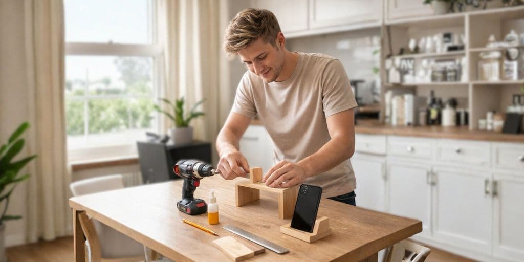 A man works on a woodworking project, using tools and assembling wooden pieces on a table in a bright kitchen.