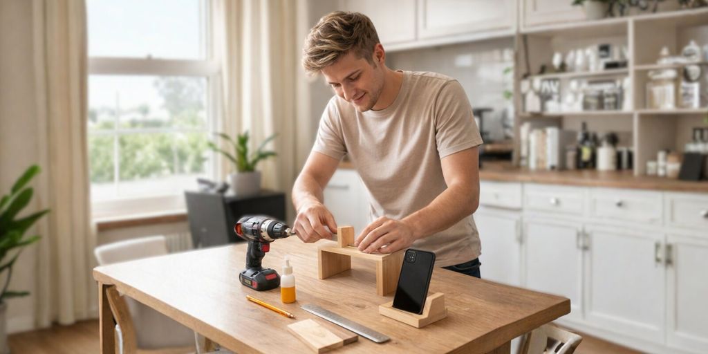 A man works on a woodworking project, using tools and assembling wooden pieces on a table in a bright kitchen.