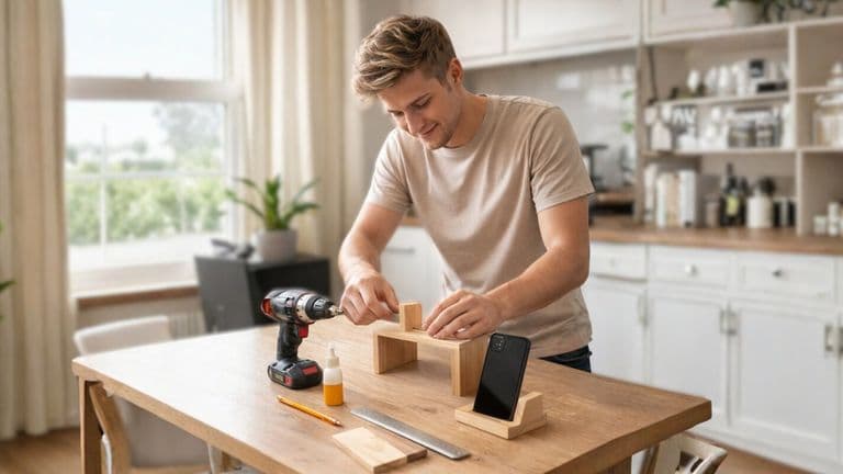 A man works on a woodworking project, using tools and assembling wooden pieces on a table in a bright kitchen.