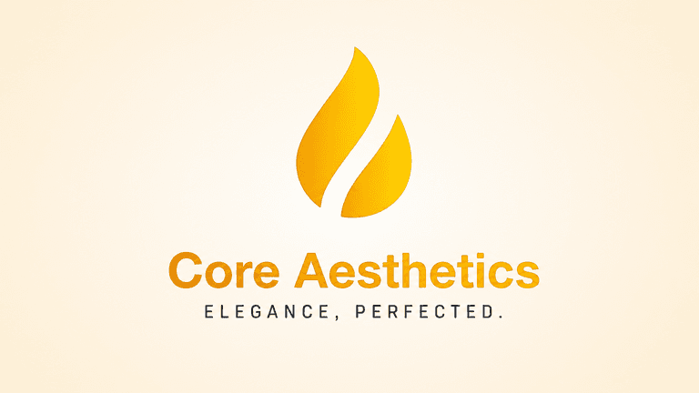 Core Aesthetics logo featuring a gold flame icon with the tagline “Elegance, Perfected.”
